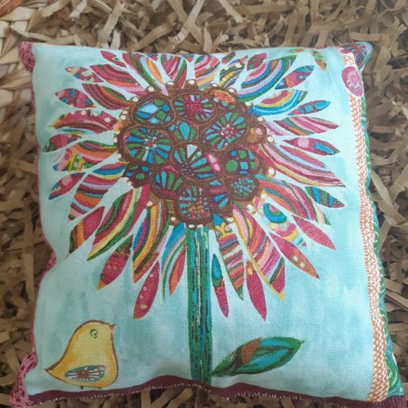 *Pillow Mini Folk Art Bird Flowers Handmade - Picture 2 of 3